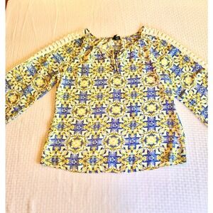 New Directions XL Boho Mosaic Tile Print Blouse Blue Yellow Crochet Trim Top